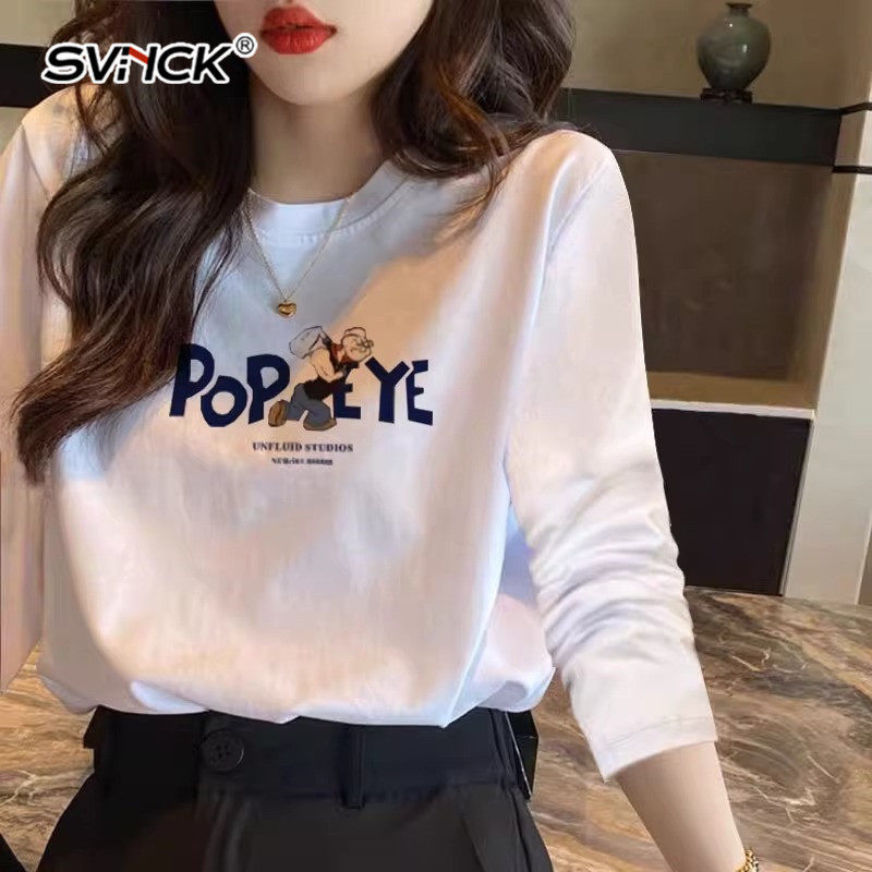 欧货白色长袖t恤女2025春秋韩版新款宽松洋气打底衫纯棉内搭上衣