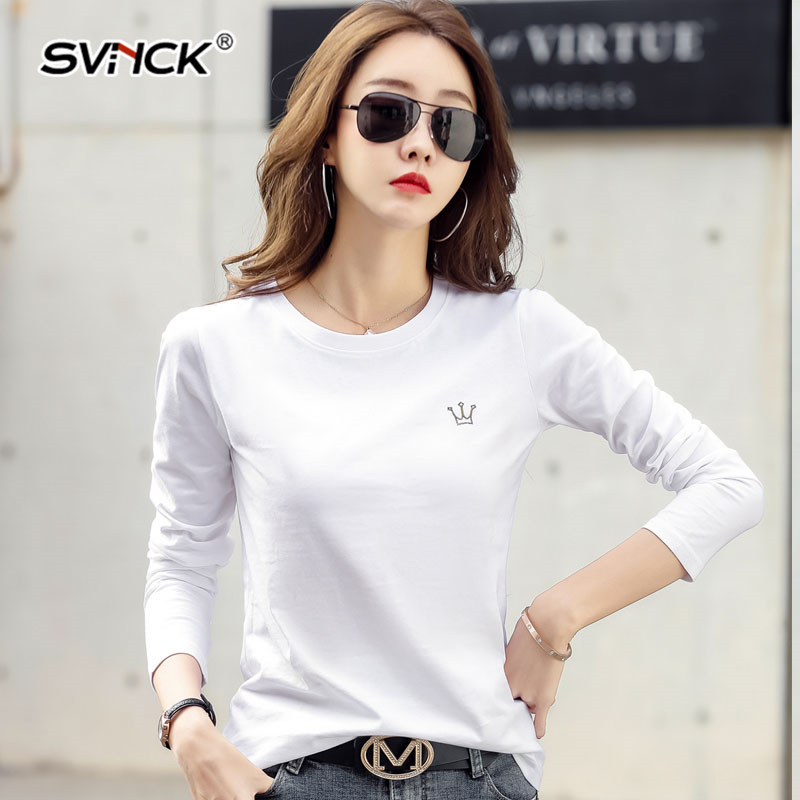 SVNCK白色修身圆领纯棉长袖T恤女25春秋季简约内搭打底衫短袖上衣
