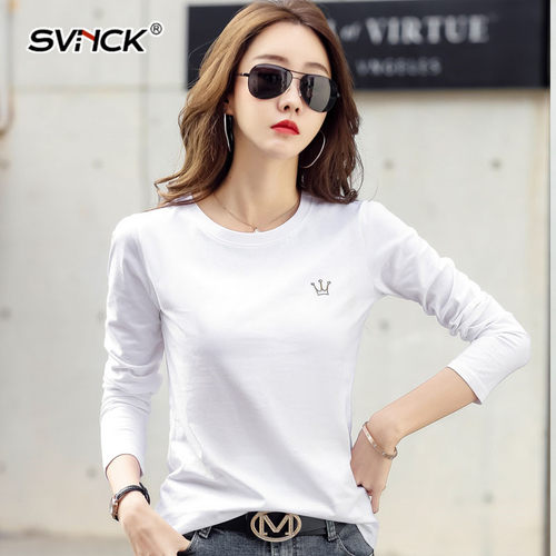 SVNCK白色修身圆领纯棉长袖T恤女