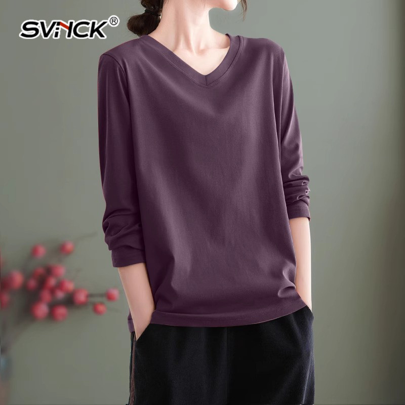 纯棉V领长袖t恤女士2025秋冬季新款宽松休闲韩版百搭洋气减龄上衣