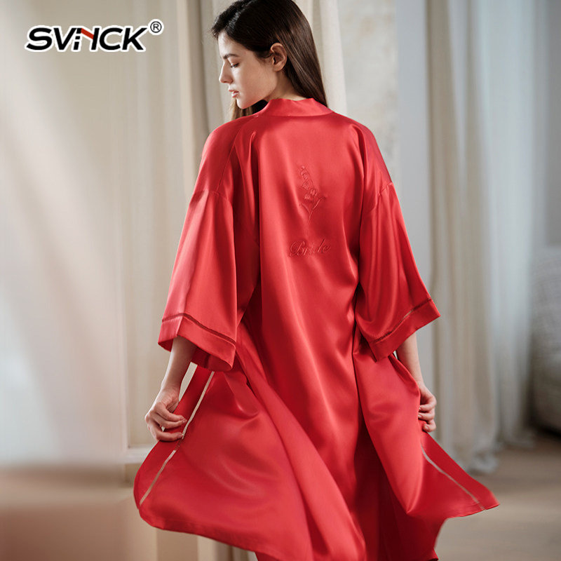 高奢100%桑蚕丝睡衣女士新款高级感镂空真丝舒适红色刺绣睡袍