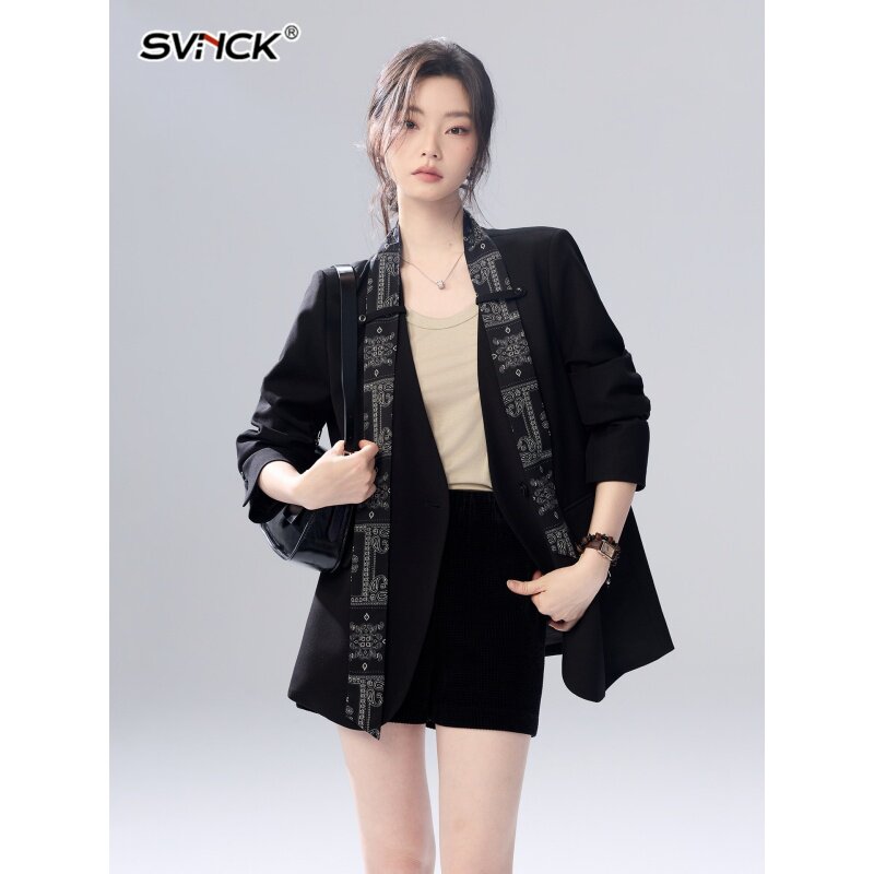 飘带领时髦高级感黑色西装外套女