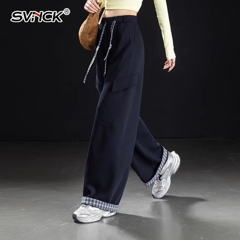 藏蓝色格纹拼接工装裤女款2026年春款休闲运动裤女弯刀阔腿裤卫裤