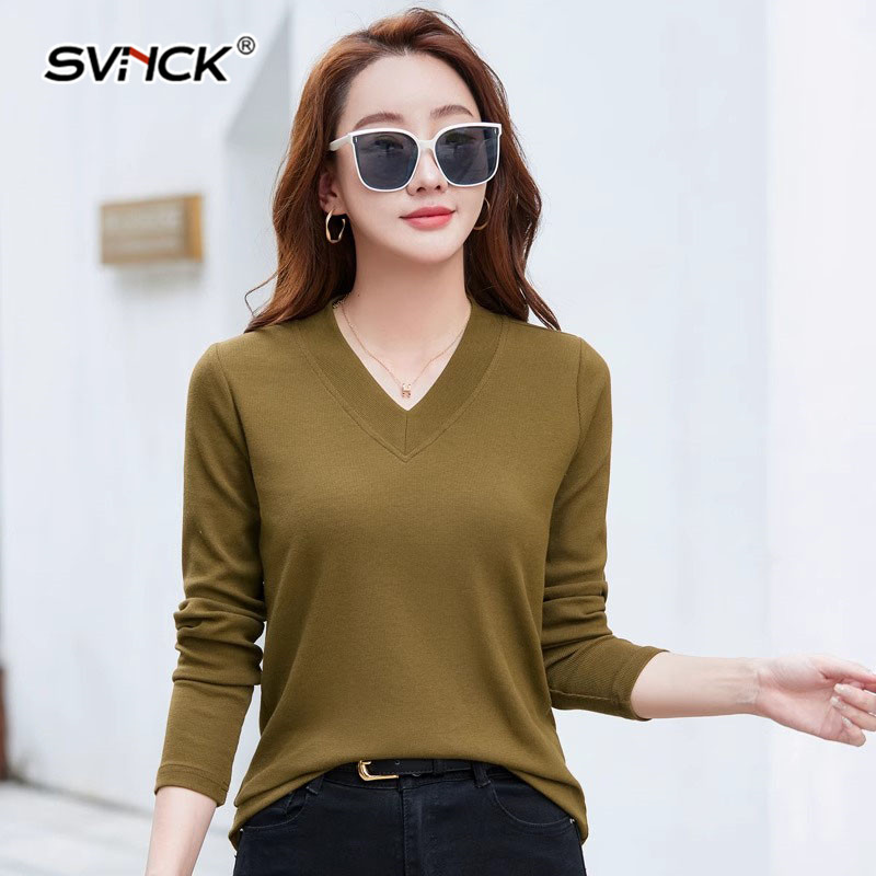 韩版V领纯色长袖t恤女春秋冬新款修身气质显瘦打底衫百搭纯棉上衣