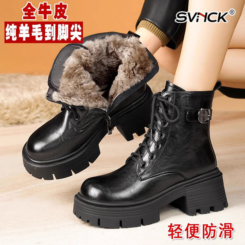 真皮马丁靴女款冬季女鞋加绒加厚增高厚底大棉鞋羊毛女靴子雪地靴