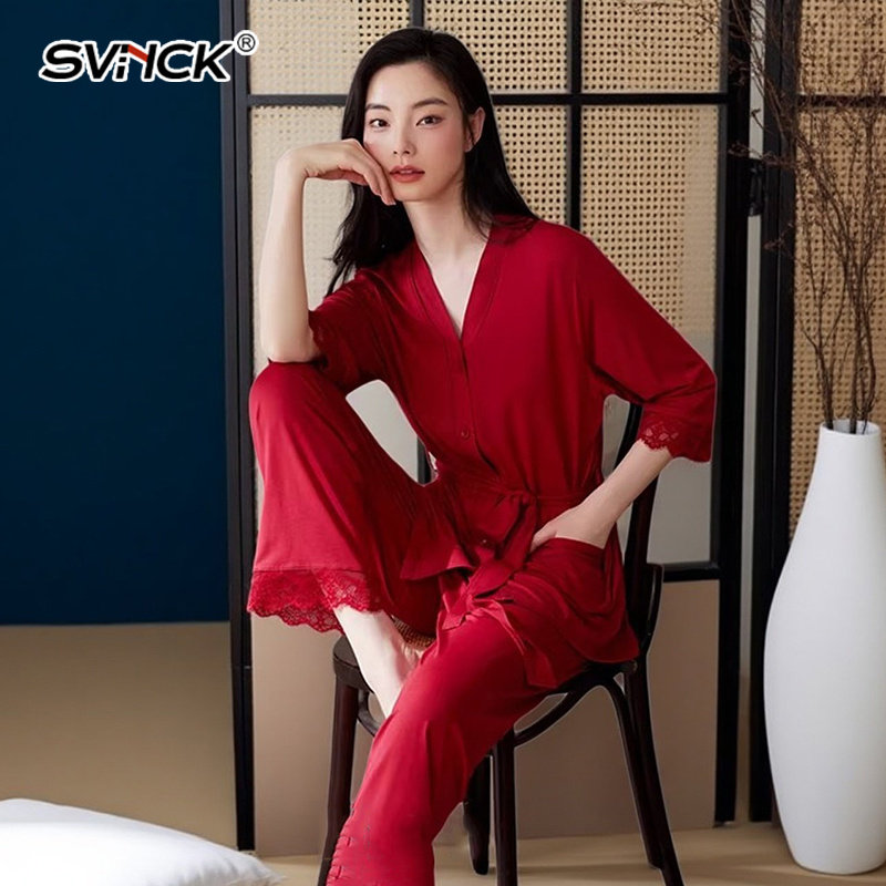 本命年红睡衣女莫代尔睡袍套装