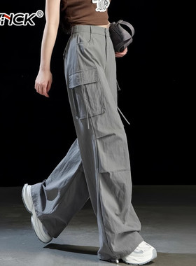 保罗 奢伦多灰色显瘦速干工装裤女款秋冬新款轻薄透气直筒阔腿裤