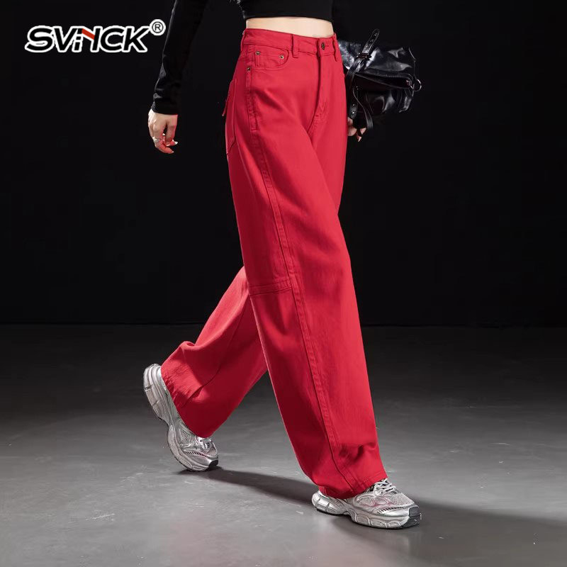 时髦侧缝分割直筒牛仔裤女2026新款春季红色裤子女款弯刀裤阔腿裤