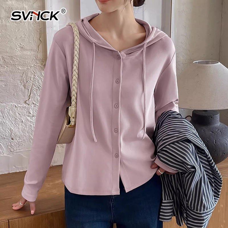 连帽长袖T恤开衫女2026春秋新款宽松薄款纽扣小外套外穿上衣
