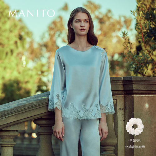 manito桑蚕丝蕾丝拼接睡衣套装