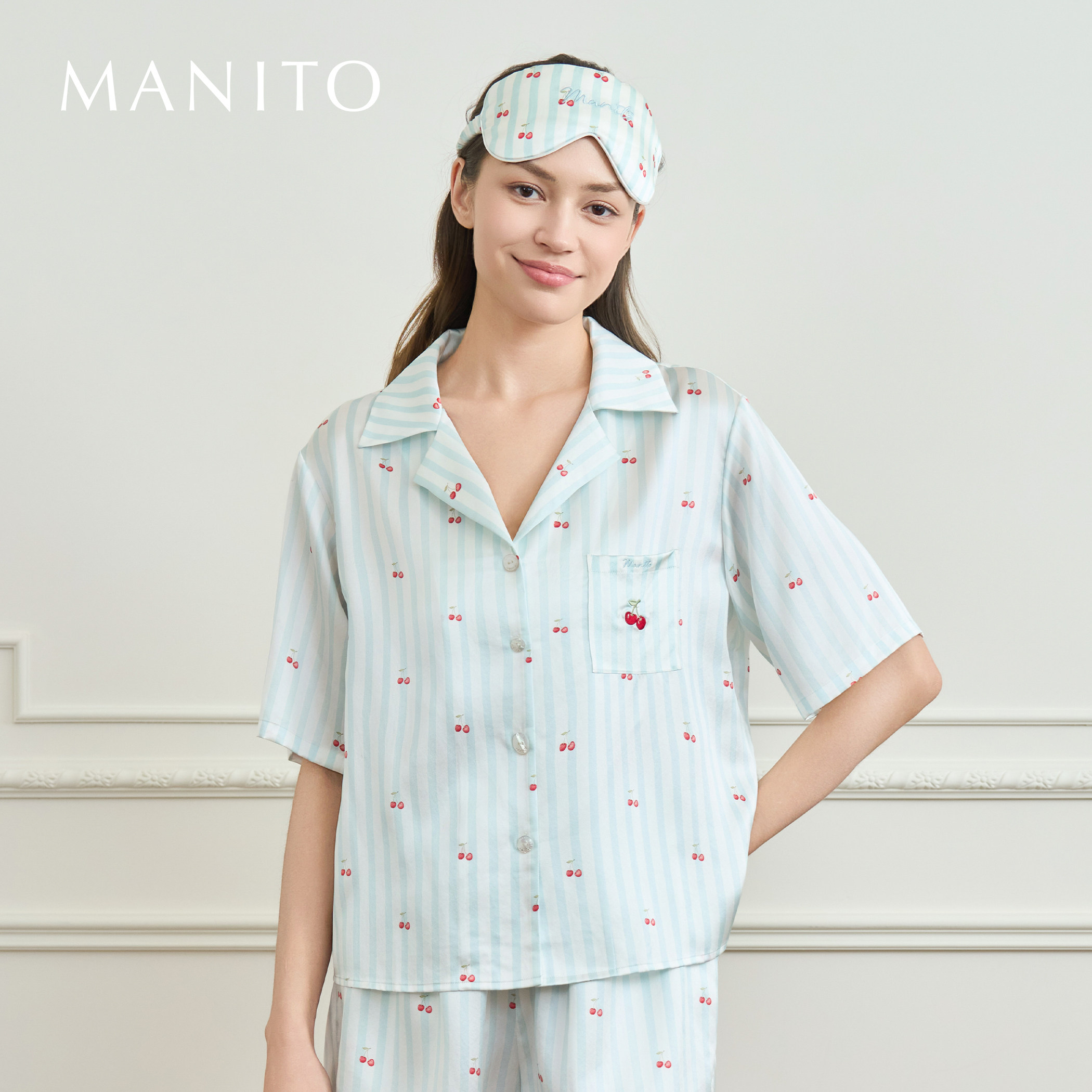 MANITO/曼尼陀Summer Fruits女士短袖睡衣套装桑蚕丝睡衣水果条纹