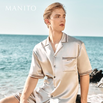MANITO/曼尼陀Ribbon男士短袖家居服套装 100%桑蚕丝睡衣短裤套装