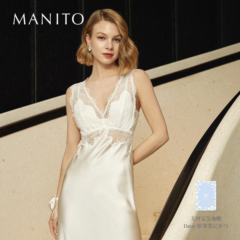 MANITO/曼尼陀Wedding桑蚕丝蕾丝连衣裙女士真丝睡衣婚礼礼服礼物