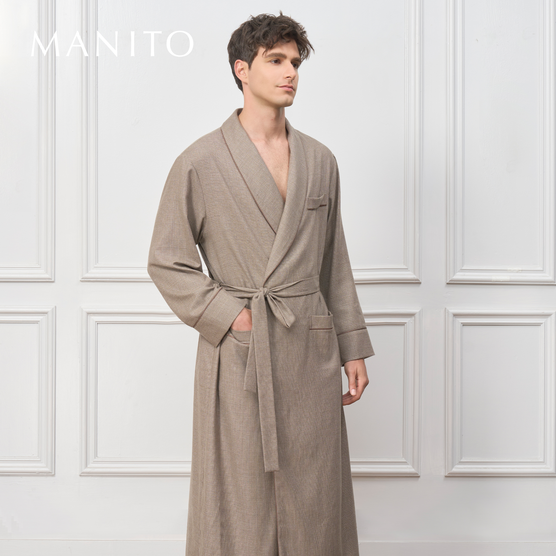 MANITO/曼尼陀Maple 山羊绒桑蚕丝男士长睡袍奢华家居服立体格纹