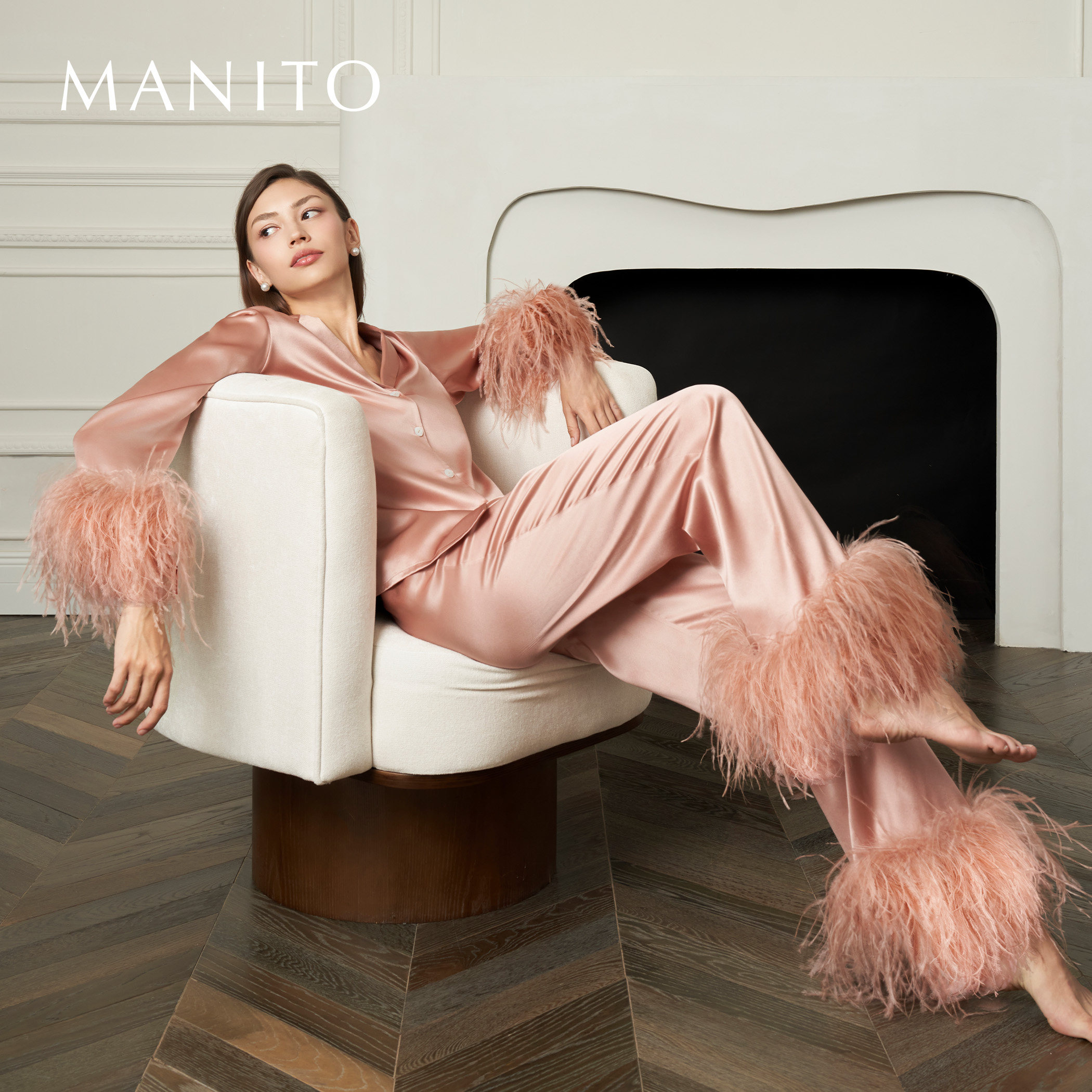 MANITO/曼尼陀New Diva 女士羽毛家居服套装奢华桑蚕丝睡衣礼物