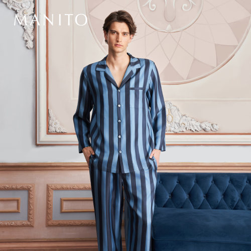 MANITO/曼尼陀New Stripe 男士蓝色条纹桑蚕丝睡衣套装亲肤家居服