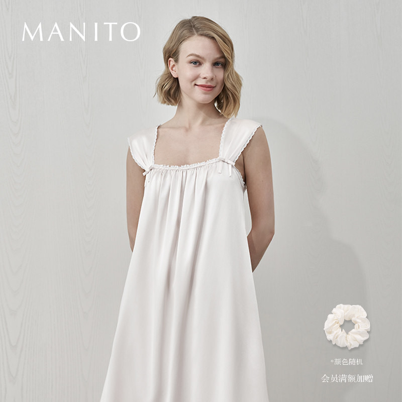 MANITO/曼尼陀Duchess桑蚕丝背心连衣裙镂空蕾丝肩带褶皱长睡裙女 - 实物图