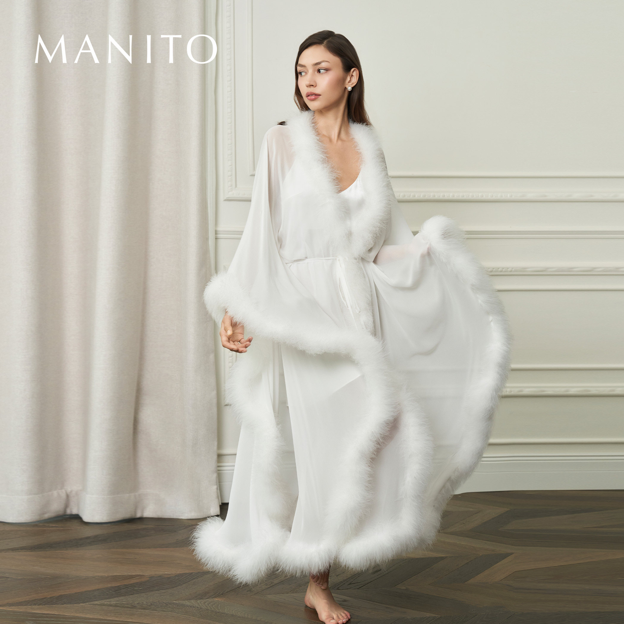 MANITO/曼尼陀New Diva 女士羽毛长睡袍鸵鸟毛桑蚕丝圣诞礼物