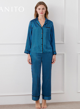MANITO/曼尼陀真丝睡衣女条纹长袖套时尚桑蚕丝家居服Stripe