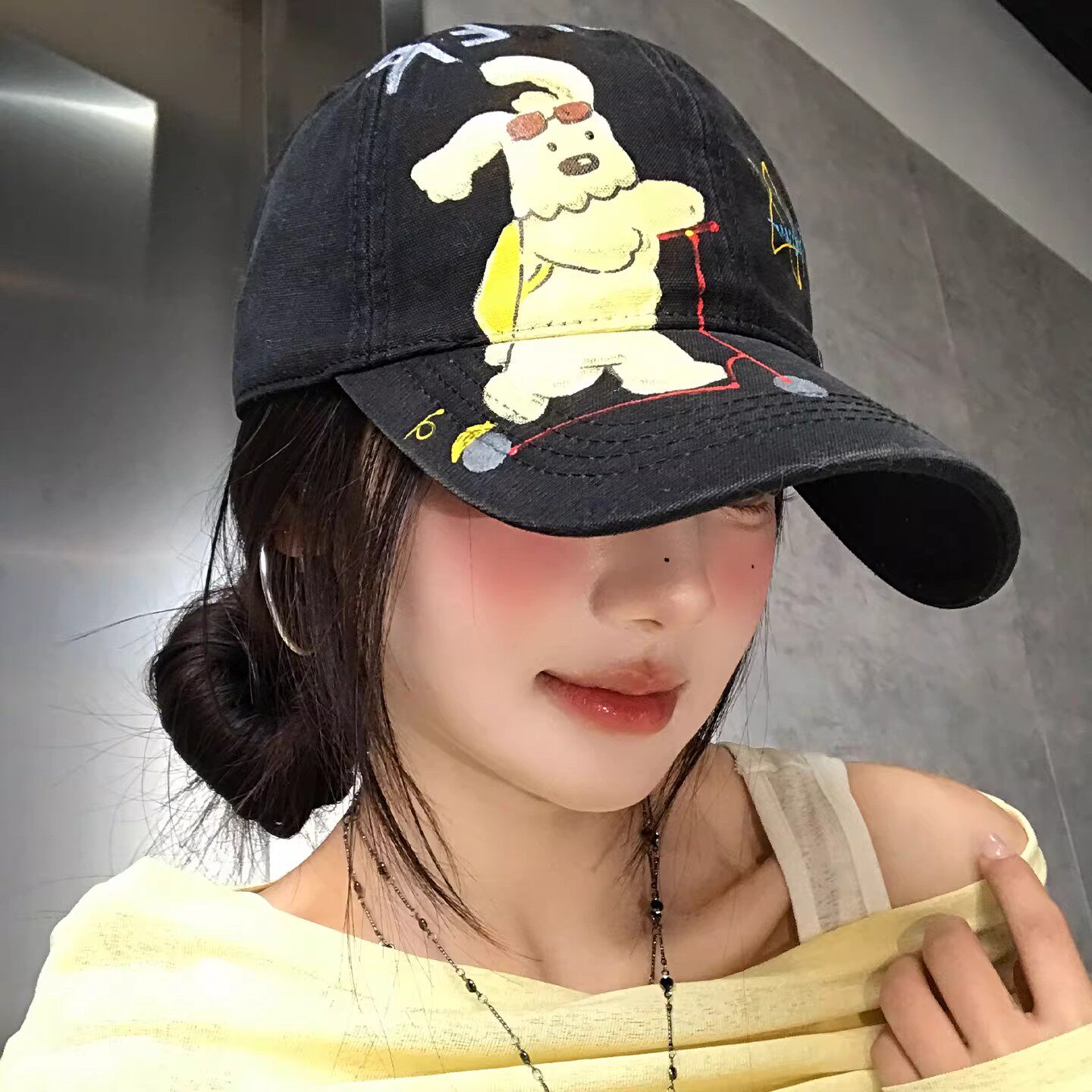 可爱小狗涂鸦棒球帽男女情侣同款宽檐鸭舌帽显脸小个性潮流帽子