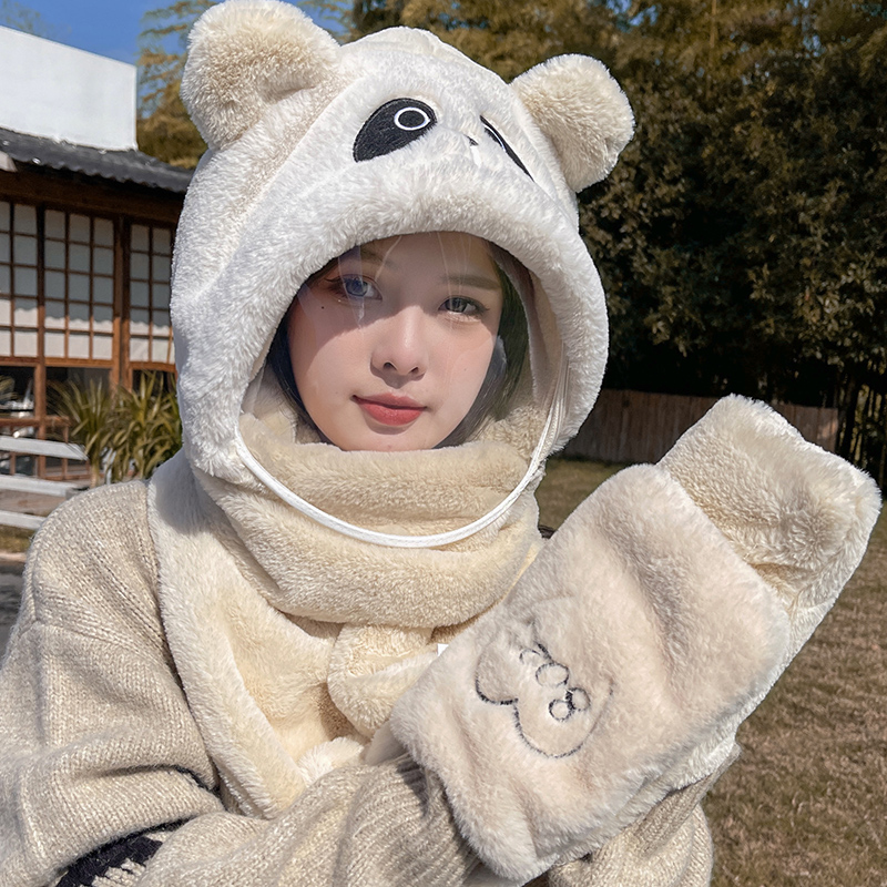 小熊帽子围巾一体女秋冬保暖