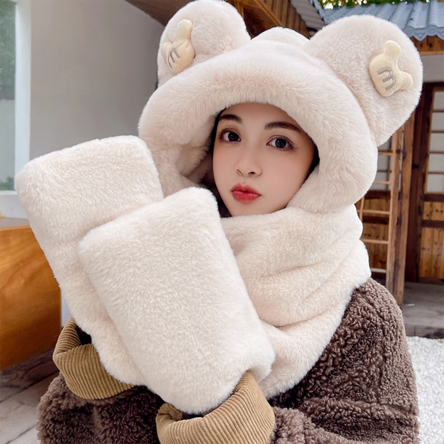 可爱秋冬季连帽学生防寒围巾手套