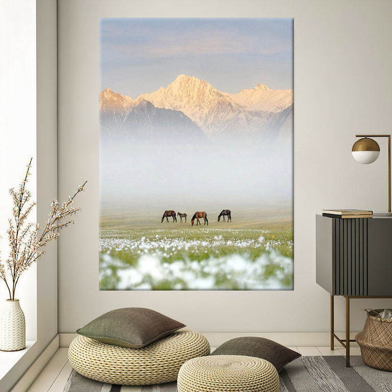 草原雪山风景手绘油画北欧牧马装饰画客厅浅色温馨挂画玄关肌理画