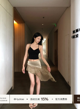 Hydrae禧1嘤 咖色珠光缎面拼接半身裙女夏辣妹不规则下摆包臀短裙
