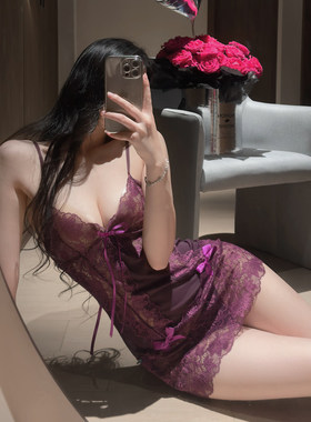 【保密发货】性感蕾丝睡裙深V透光情调趣味内衣纯欲紫色热浪翻涌
