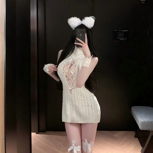 奶白毛线绑带连衣裙纯欲