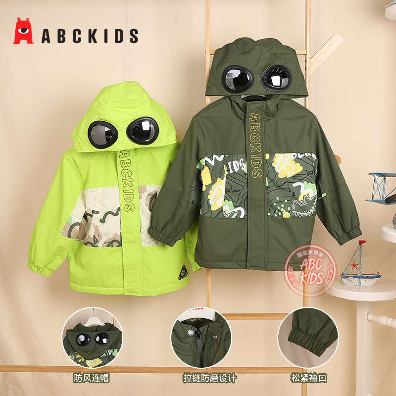 abckids童装男童外套带眼镜加绒夹克衫商场秋季新款男宝宝厚秋装