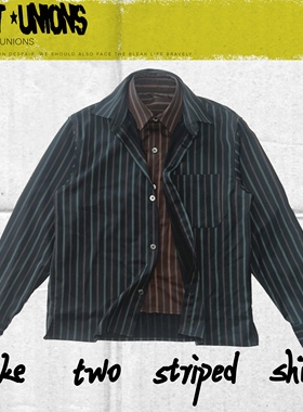 RIOT UNIONS 25FW日本进口条纹假两件羊毛平底开衩绿色棕色衬衫