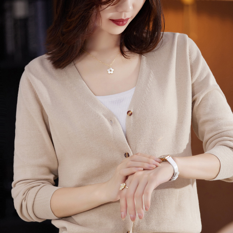 双莲100%纯棉针织衫女打底V领秋冬新款上衣春秋全棉高档毛衣外套