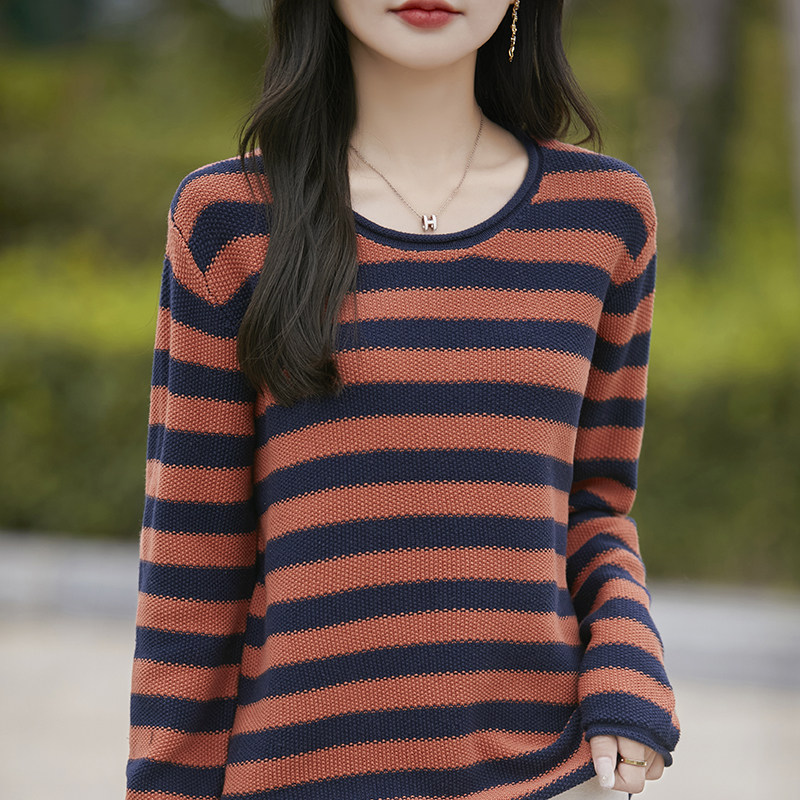 双莲100%纯棉毛衣女条纹加厚春秋百搭上衣全棉高端冬装针织打底衫,女装/女士精品,毛衣,淘宝优惠券,粉丝福利购,淘宝优惠卷