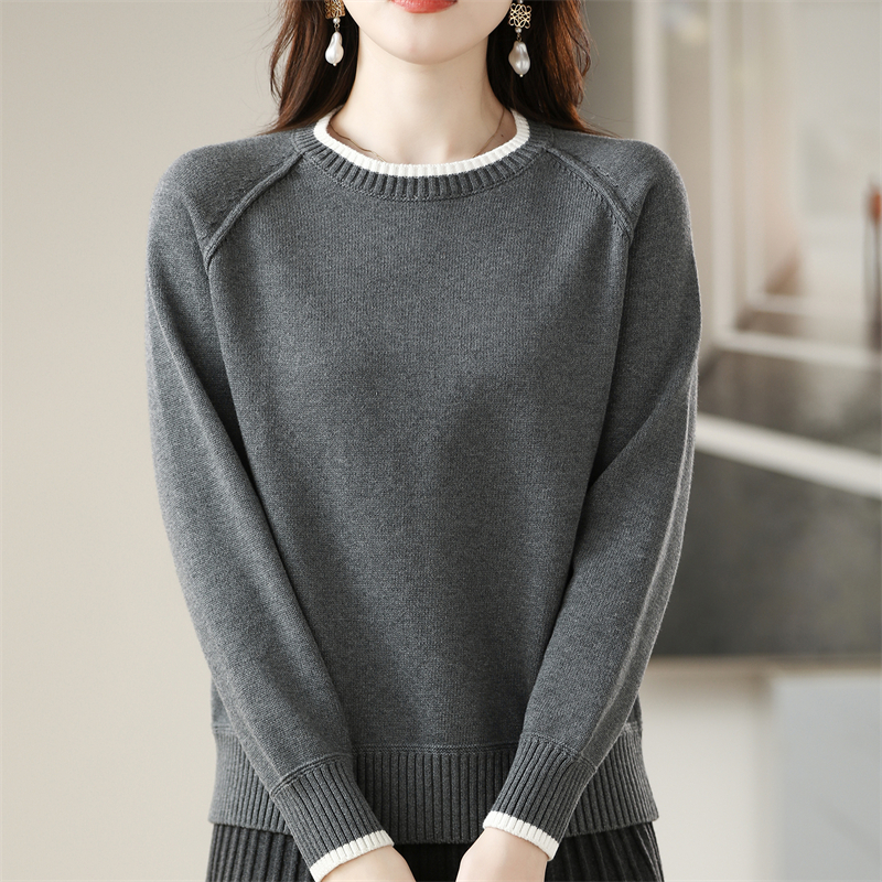 双莲100%纯棉针织衫女圆领拼接秋冬新款上衣加厚全棉高档撞色毛衣