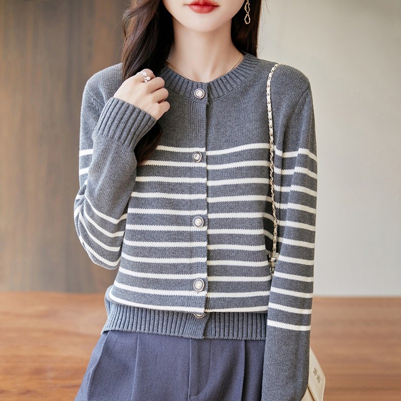 双莲100%纯棉针织衫女条纹开衫冬装新款上衣加厚全棉高档春秋毛衣,女装/女士精品,毛衣,淘宝优惠券,粉丝福利购,淘宝优惠卷