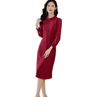 酒红配大衣连衣裙女2025春秋新款正式场合婆婆妈妈参加婚礼服长款