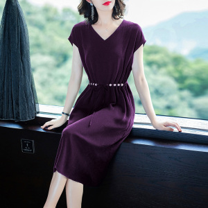 紫色连衣裙夏复古醋酸缎面2023新款过膝法式气质女神范阔太太裙子