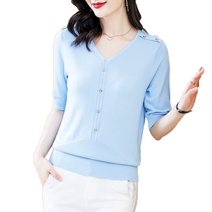 原宿风短袖t恤女小众日系2025新款中袖v领蓝色宽松夏纽扣高端上衣