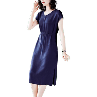 40至50岁的连衣裙女夏减龄气质v领铜氨丝红色适合胖女人穿的裙子