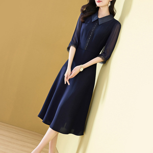 蓝色雪纺连衣裙女七分袖2024年春夏新款高档收腰显瘦拼接a字裙子