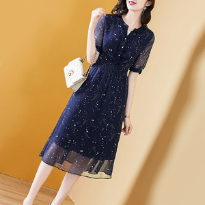 雪纺连衣裙气质名媛2025新款女夏季品牌遮肚显瘦减龄v领简约优雅