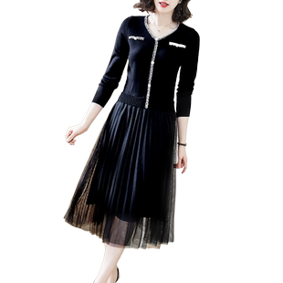 早春连衣裙女气质2025新款内搭假两件高档名媛毛衣网纱小香风裙子