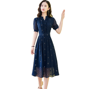 气质名媛高端雪纺碎花连衣裙2025新款女修身印花淑女妈妈时髦裙子