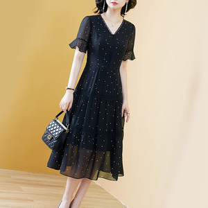 2025新款40岁连衣裙女夏季高贵洋气黑色波点中年名媛气质雪纺裙子