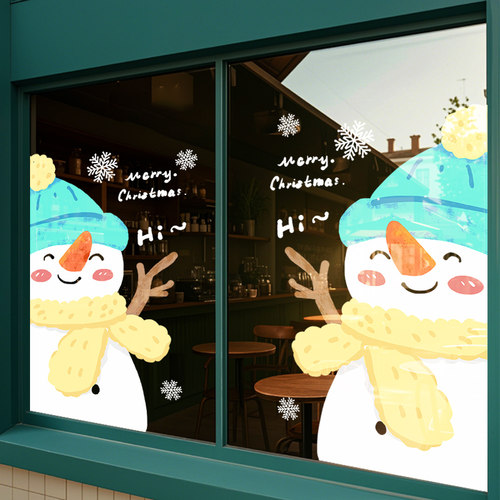 圣诞节老人雪人树窗花玻璃门贴纸