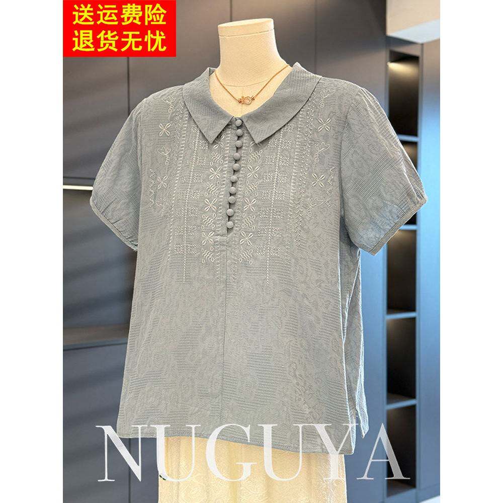 时尚休闲妈妈装棉麻衬衫女短袖夏装新款上衣气质百搭中老年人衬衣
