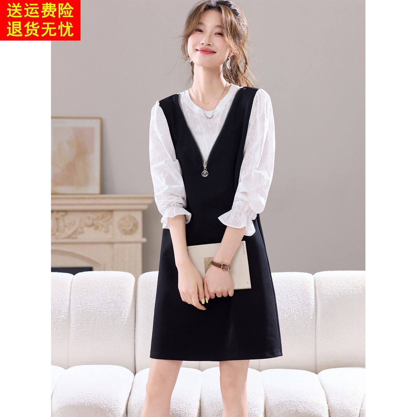 假两件拼色休闲长袖连衣裙女2026春季新款设计感宽松显瘦减龄裙子