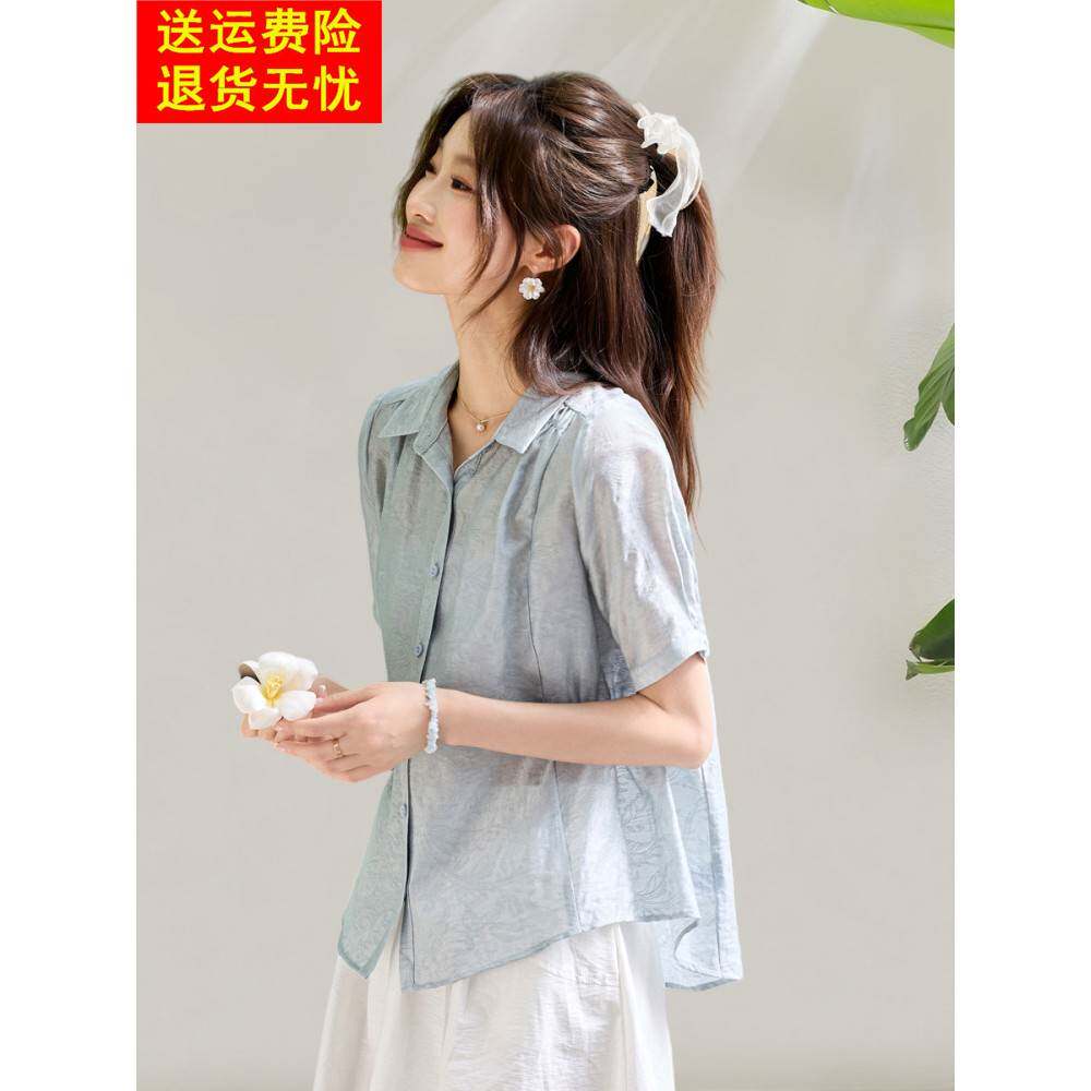 2025夏季新时尚翻领减龄衬衫宽松右肩短袖修身工作服优雅上衣女性