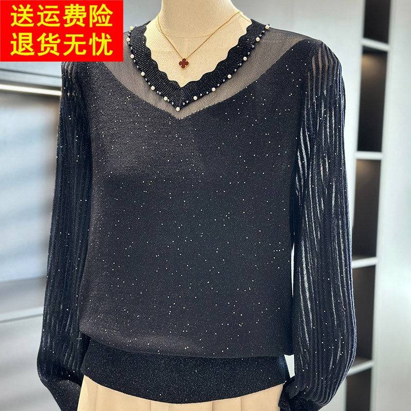 时尚洋派亮丝针织衫女套头妈妈装春装新款上衣气质百搭中年打底衫